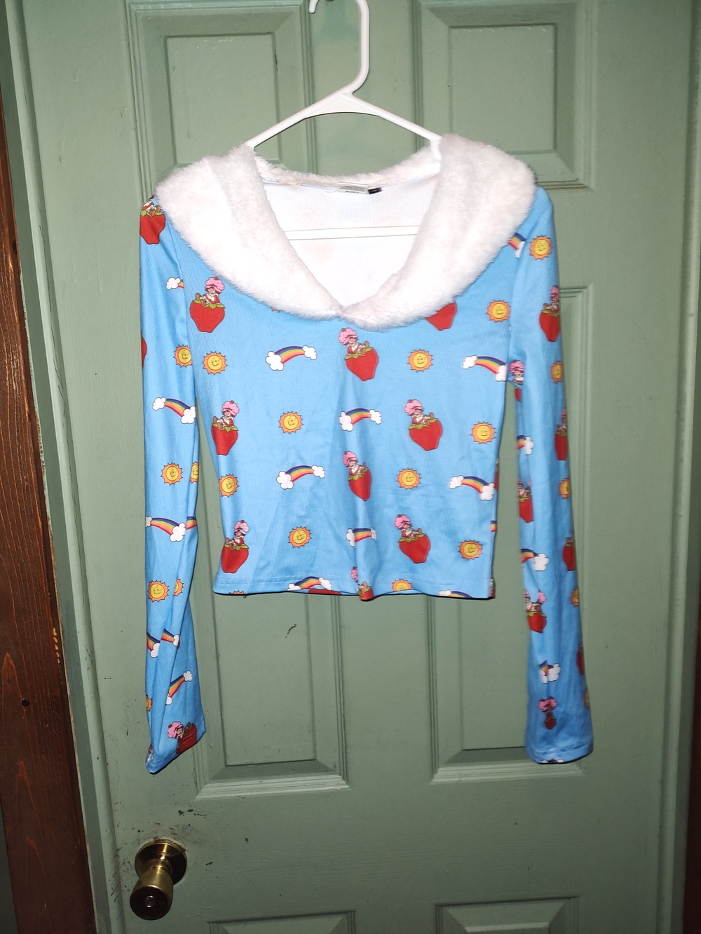 White Faux-Fur Trim Blue Printed Long-Sleeve Strawberry Shortcake Top